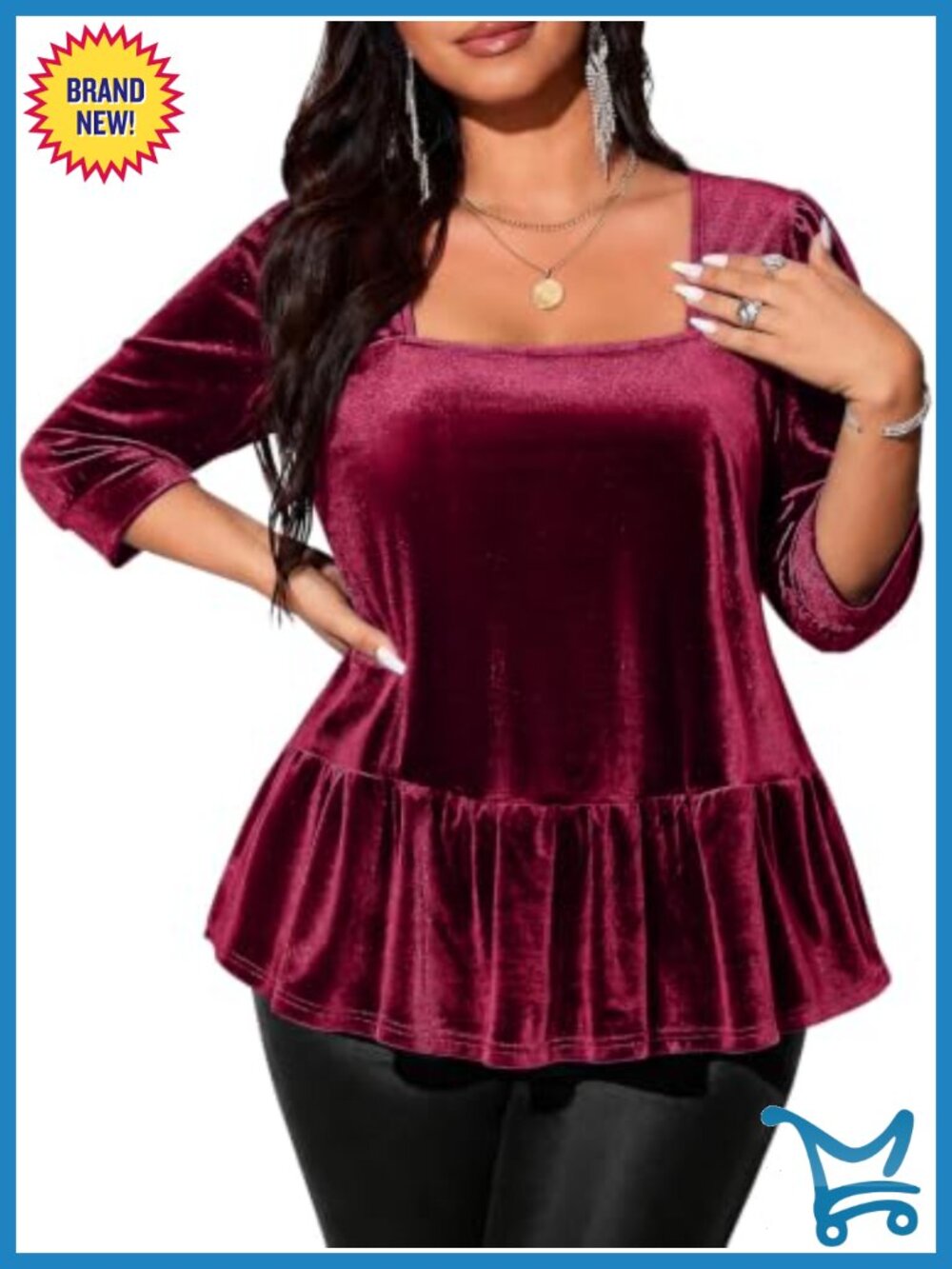 Plus Size Velvet Peplum Tunic Top 3/4 Sleeve Square Neck Dressy Blouse
